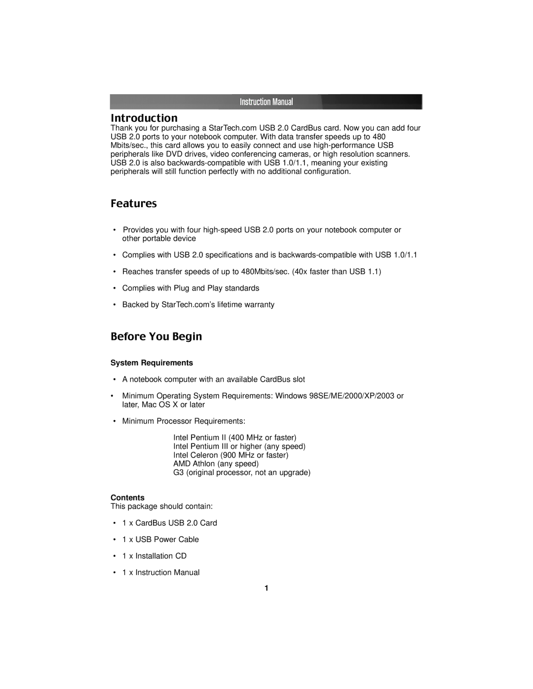 StarTech.com CB420USB instruction manual Introduction Features, Before You Begin, System Requirements, Contents 