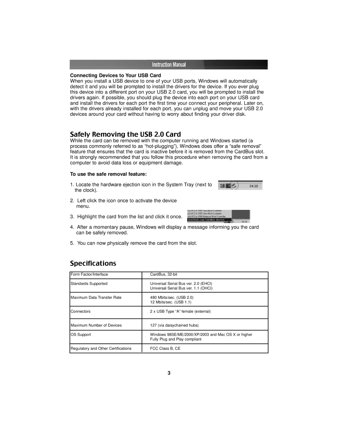 StarTech.com CB420USB Safely Removing the USB 2.0 Card, Specifications, Connecting Devices to Your USB Card 