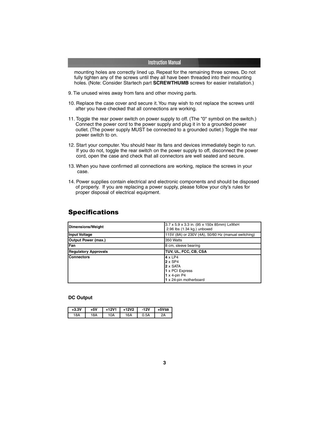 StarTech.com CFXPOWER350 instruction manual Specifications 