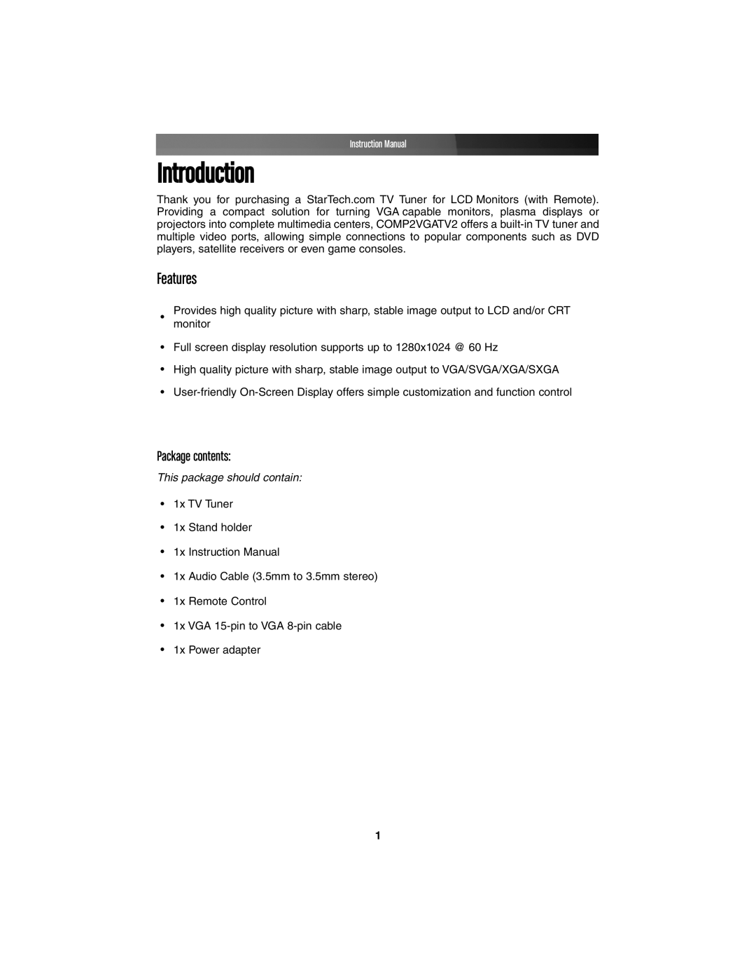 StarTech.com COMP2VGATV2 instruction manual Introduction, Features 