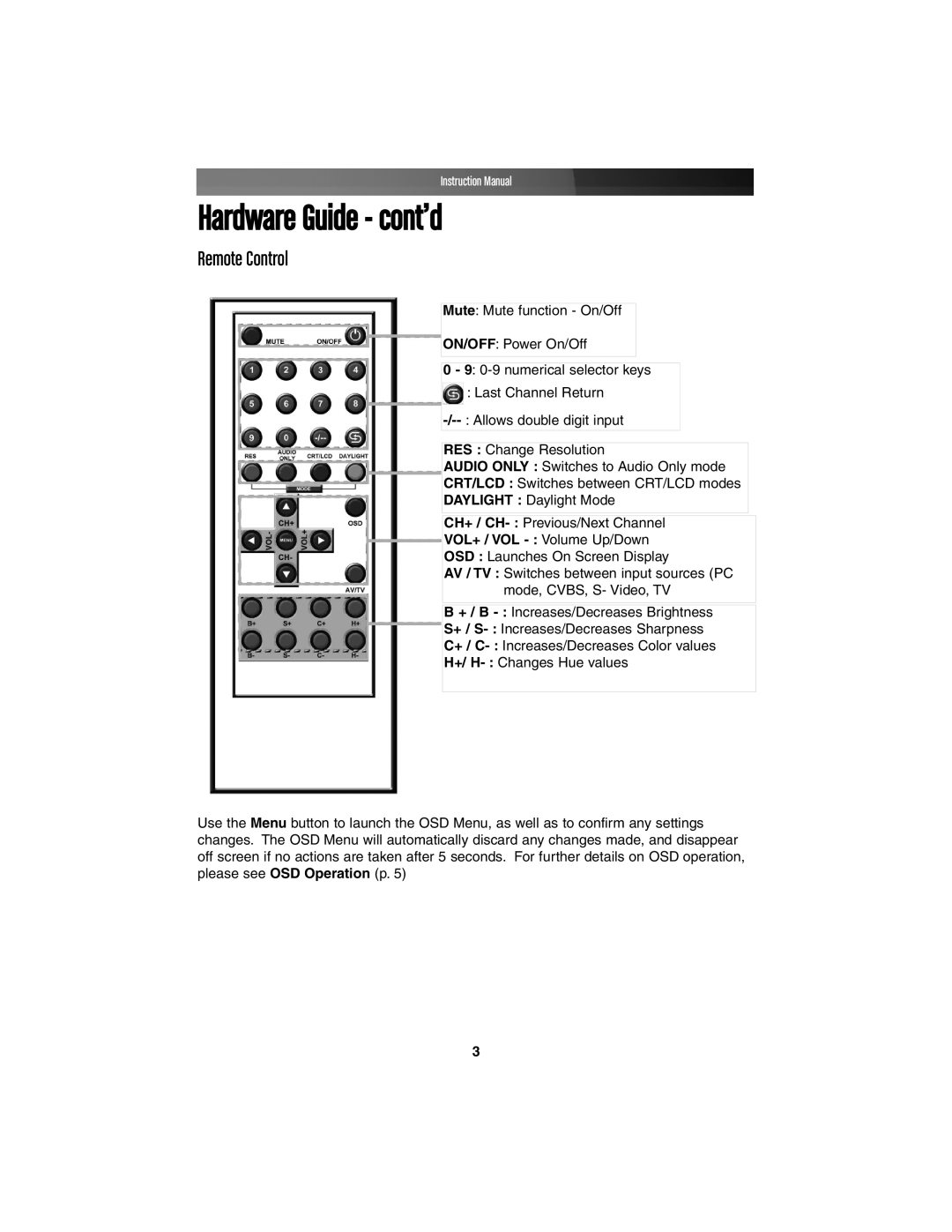 StarTech.com COMP2VGATV2 instruction manual Hardware Guide cont’d, Remote Control 