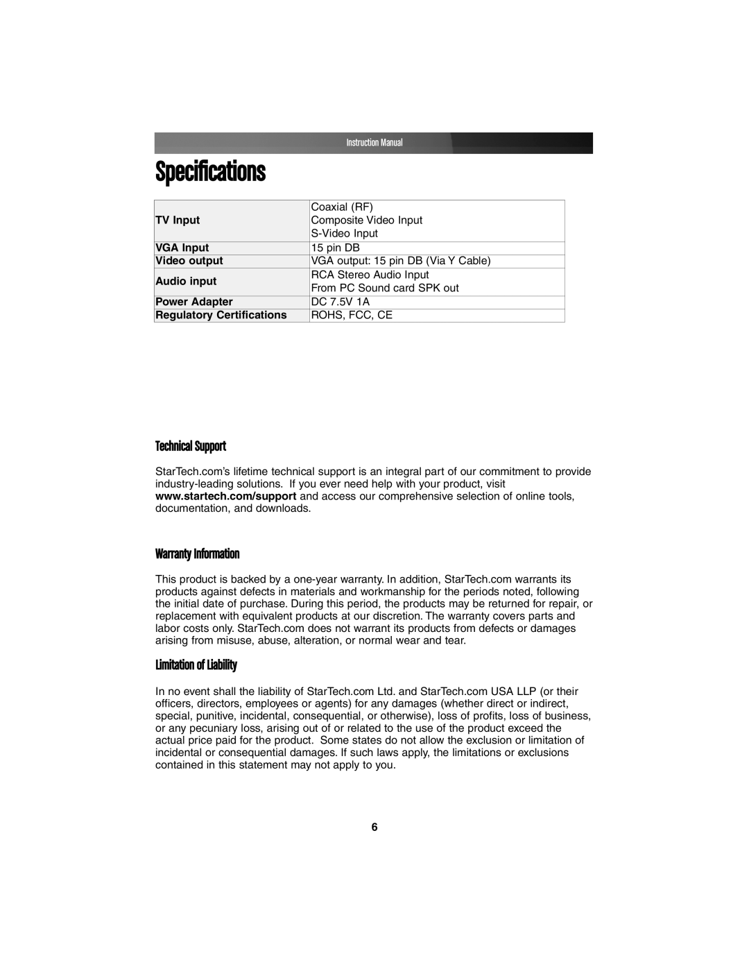 StarTech.com COMP2VGATV2 instruction manual Specifications 