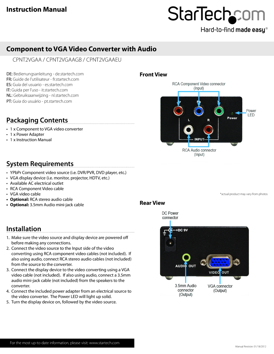 StarTech.com CPNT2VGAA instruction manual Component to VGA Video Converter with Audio, Packaging Contents, Installation 