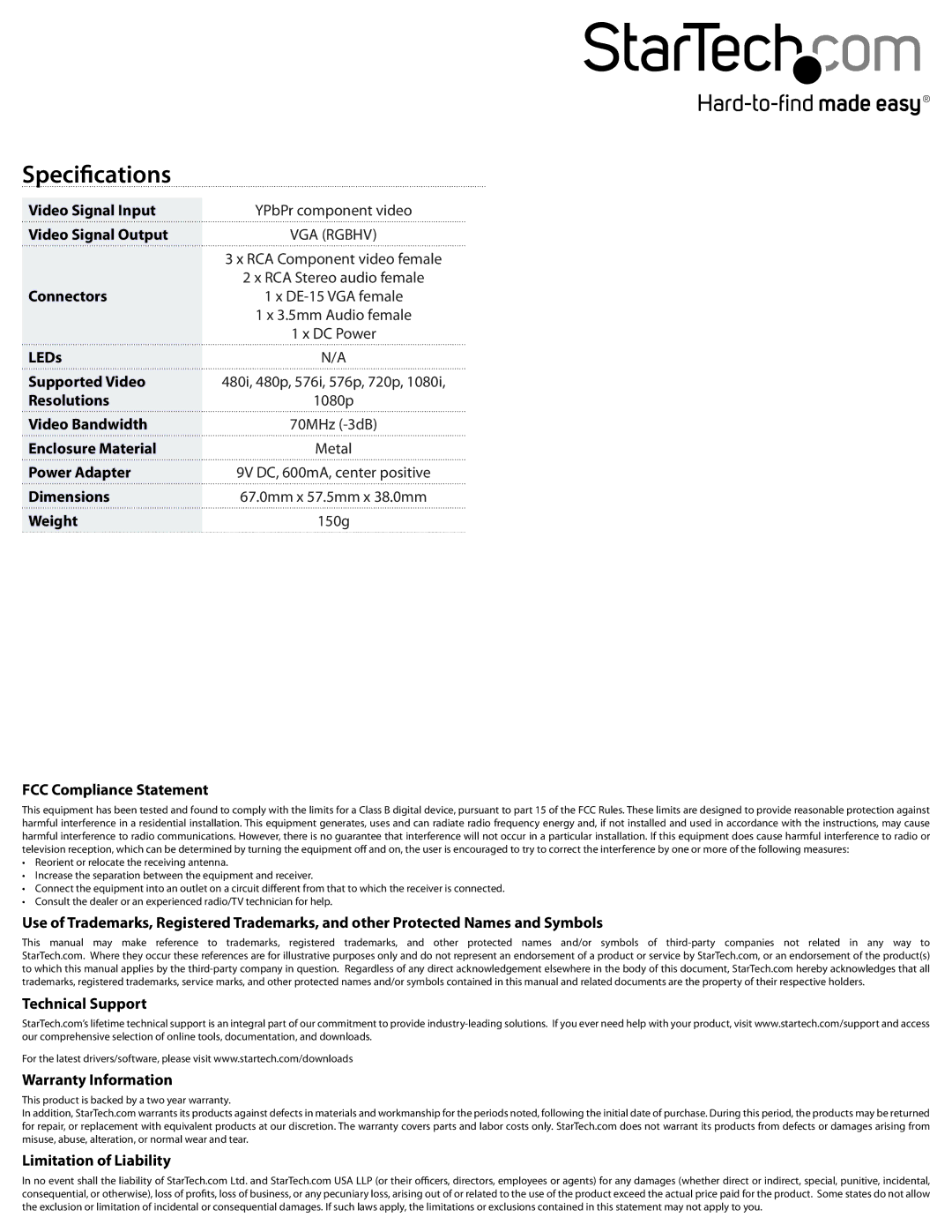 StarTech.com CPNT2VGAA instruction manual Specifications, 1080p, Metal, 150g 