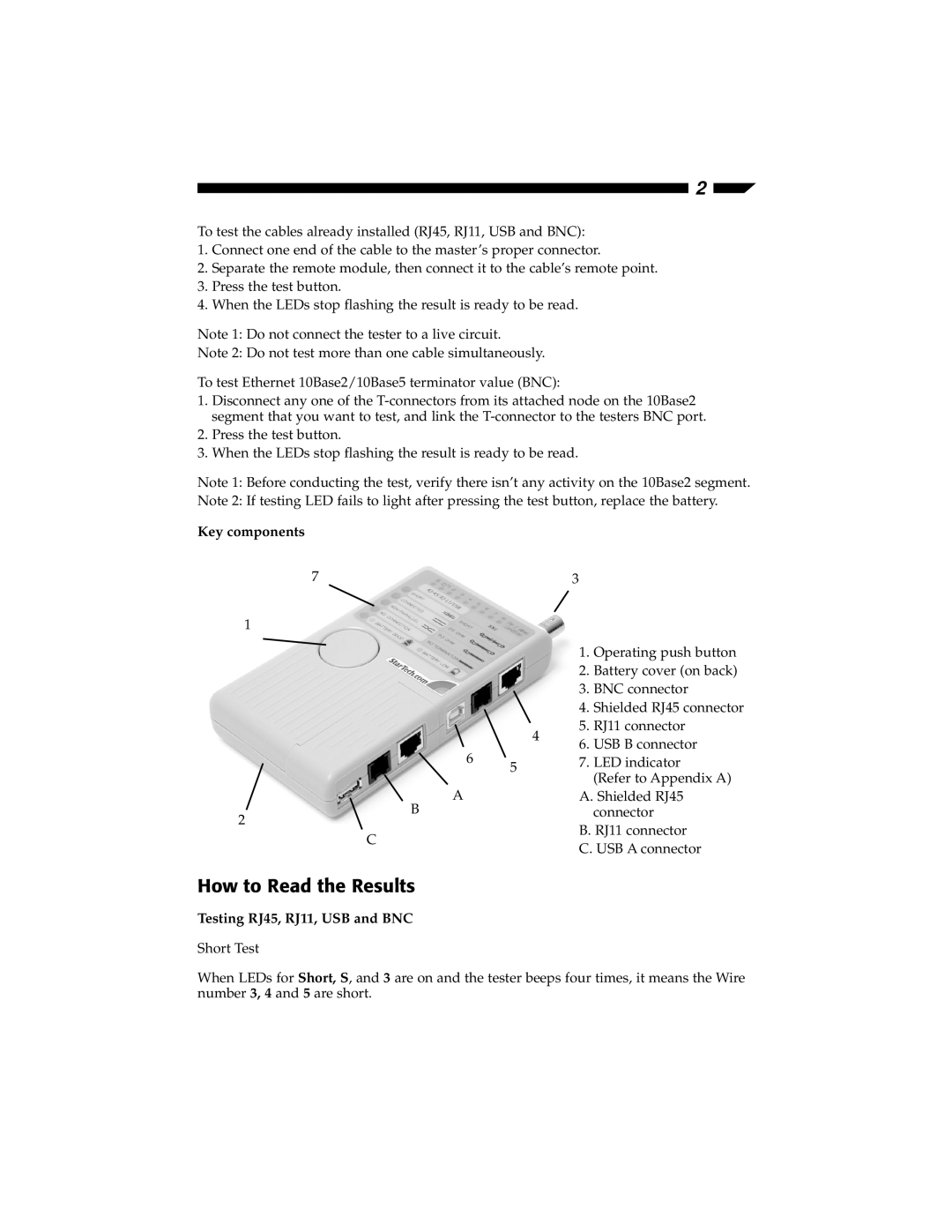 StarTech.com CTK400LAN installation manual How to Read the Results, Key components, Testing RJ45, RJ11, USB and BNC 