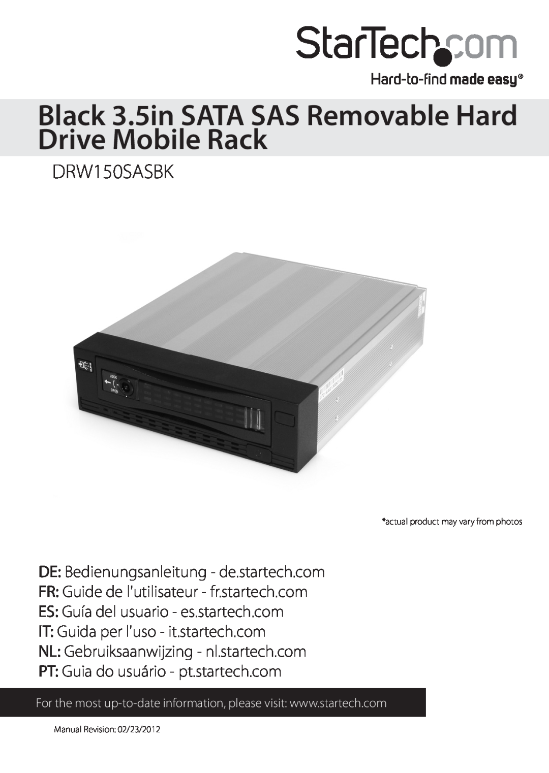 StarTech.com drw150sasbk manual Black 3.5in SATA SAS Removable Hard Drive Mobile Rack, DRW150SASBK 