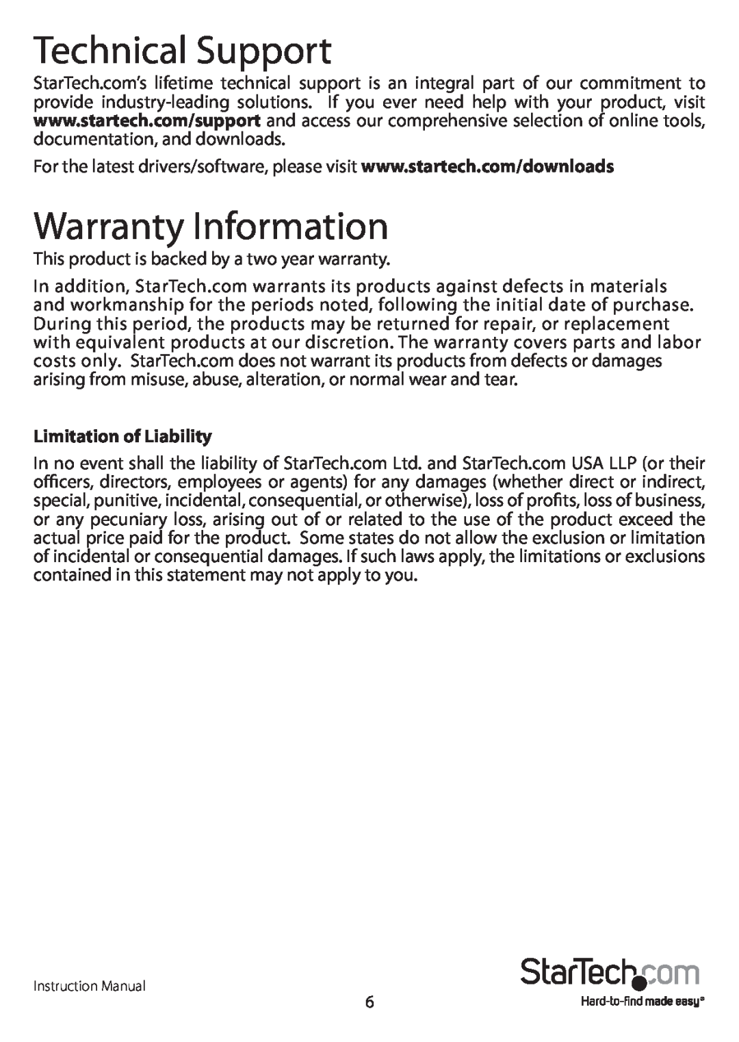 StarTech.com drw150sasbk manual Technical Support, Warranty Information, Limitation of Liability 