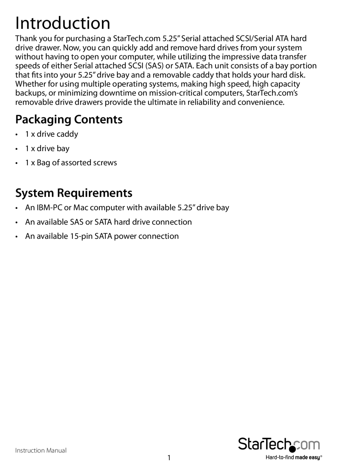 StarTech.com drw150sasbk manual Introduction, System Requirements 