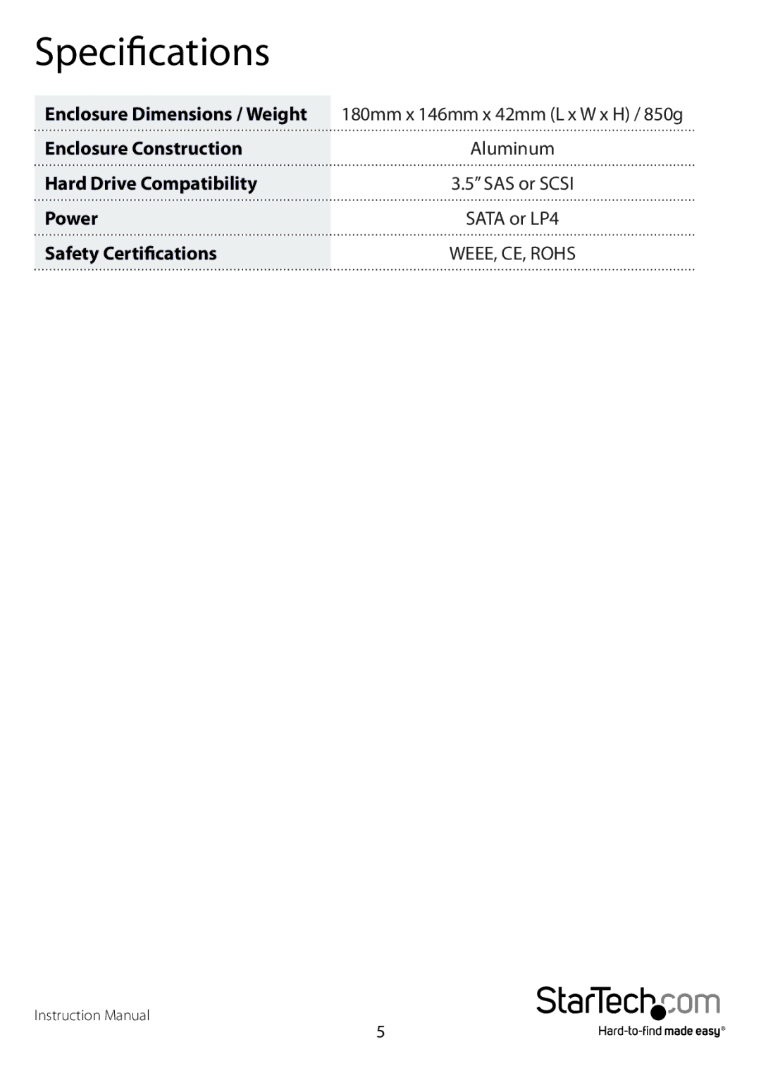 StarTech.com drw150sasbk manual Specifications 