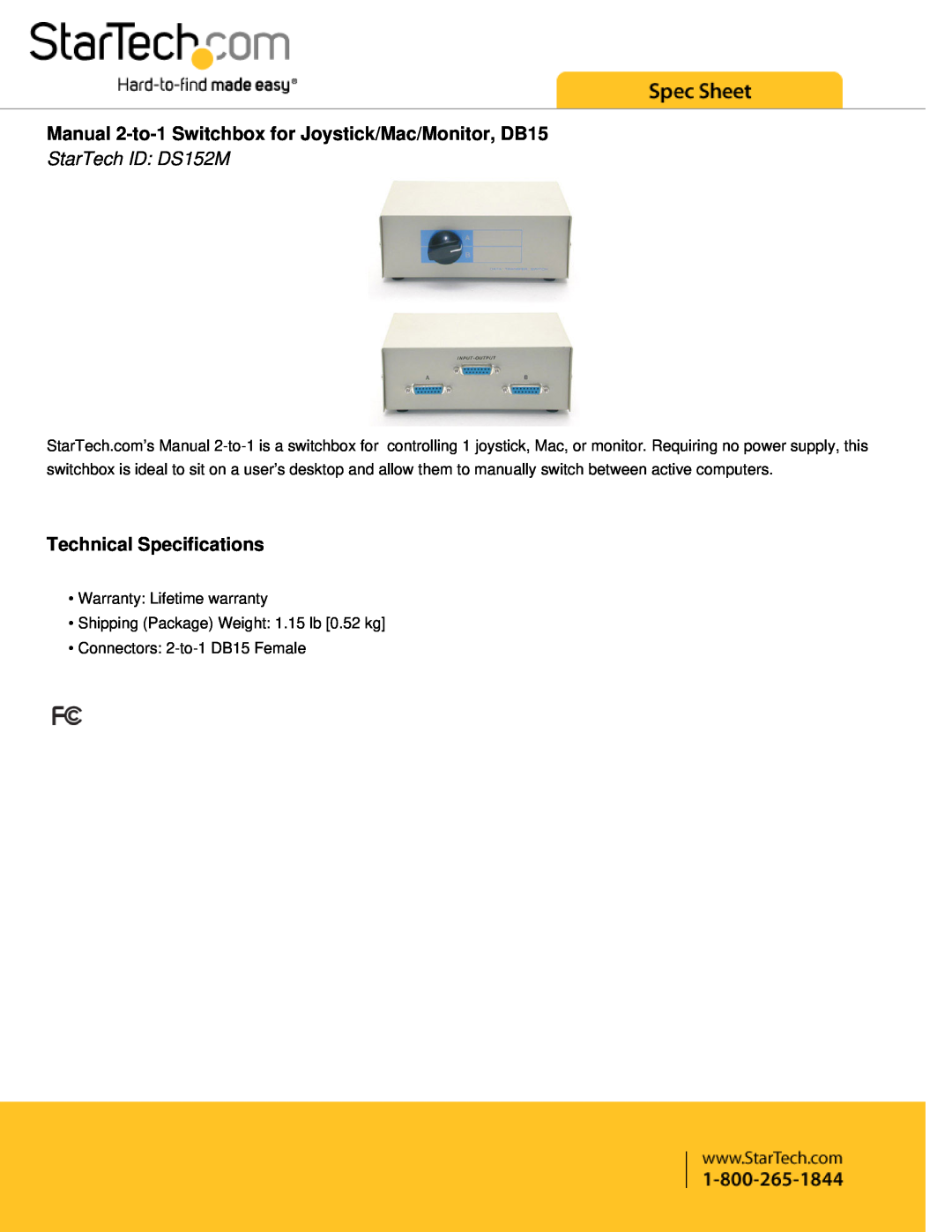 StarTech.com technical specifications Manual 2-to-1 Switchbox for Joystick/Mac/Monitor, DB15, StarTech ID DS152M 