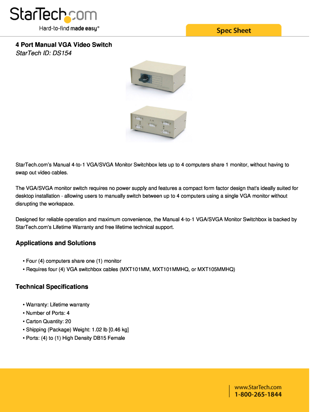 StarTech.com warranty Port Manual VGA Video Switch, StarTech ID DS154, Applications and Solutions 