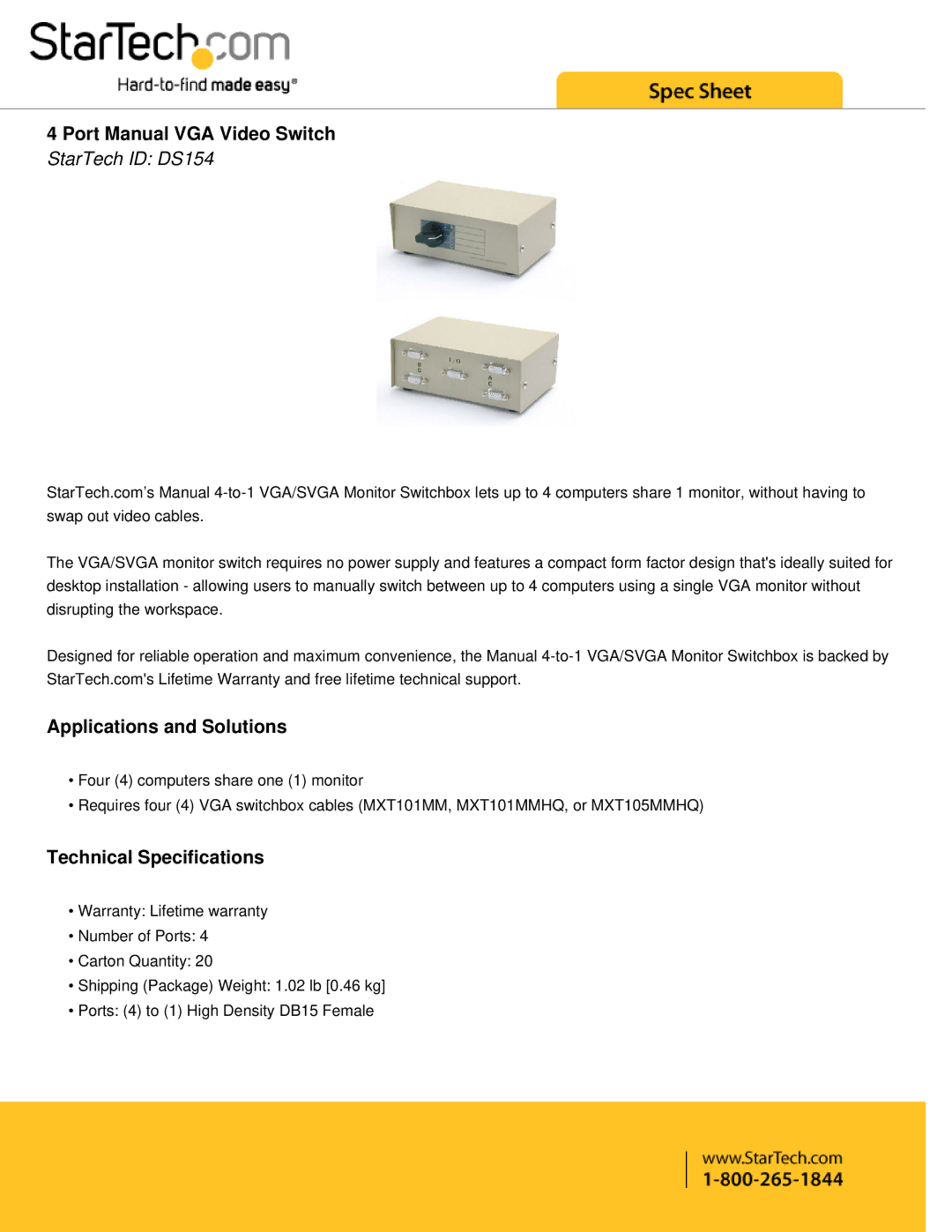 StarTech.com warranty Port Manual VGA Video Switch, StarTech ID DS154, Applications and Solutions 