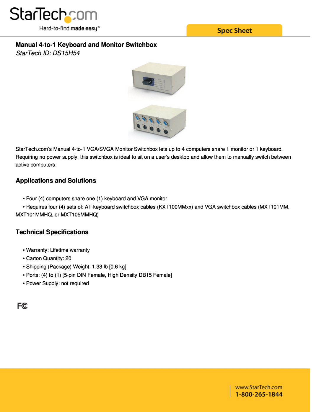 StarTech.com technical specifications Manual 4-to-1 Keyboard and Monitor Switchbox, StarTech ID DS15H54 