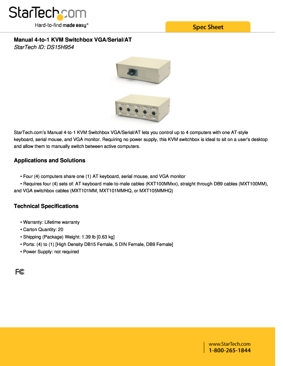 StarTech.com technical specifications Manual 4-to-1 KVM Switchbox VGA/Serial/AT, StarTech ID DS15H954 