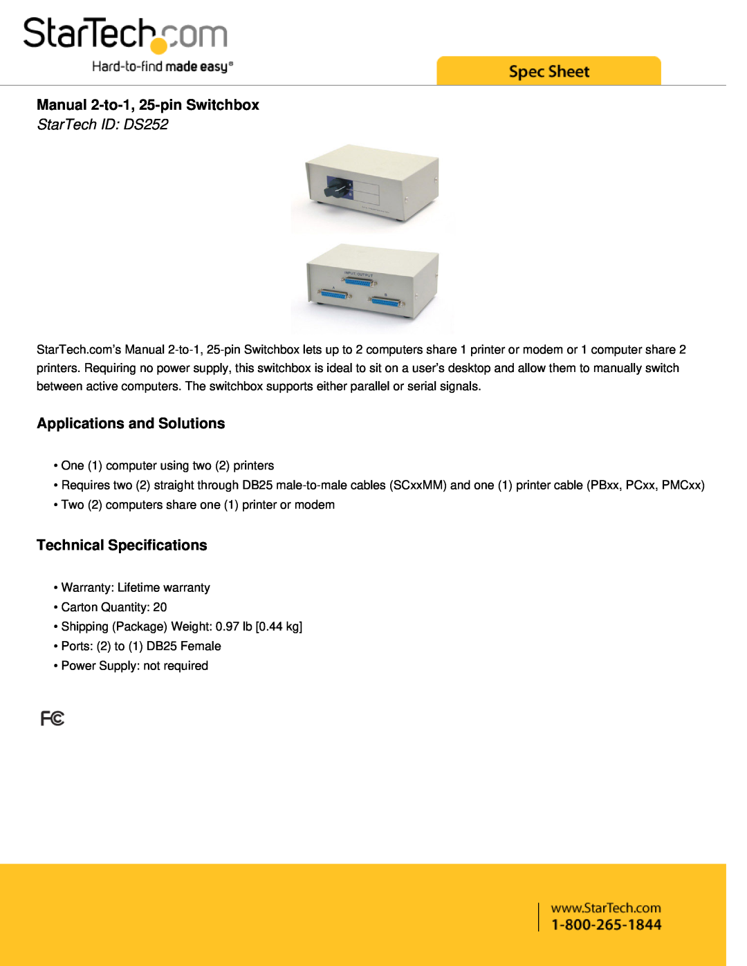StarTech.com technical specifications Manual 2-to-1, 25-pin Switchbox, StarTech ID DS252, Applications and Solutions 