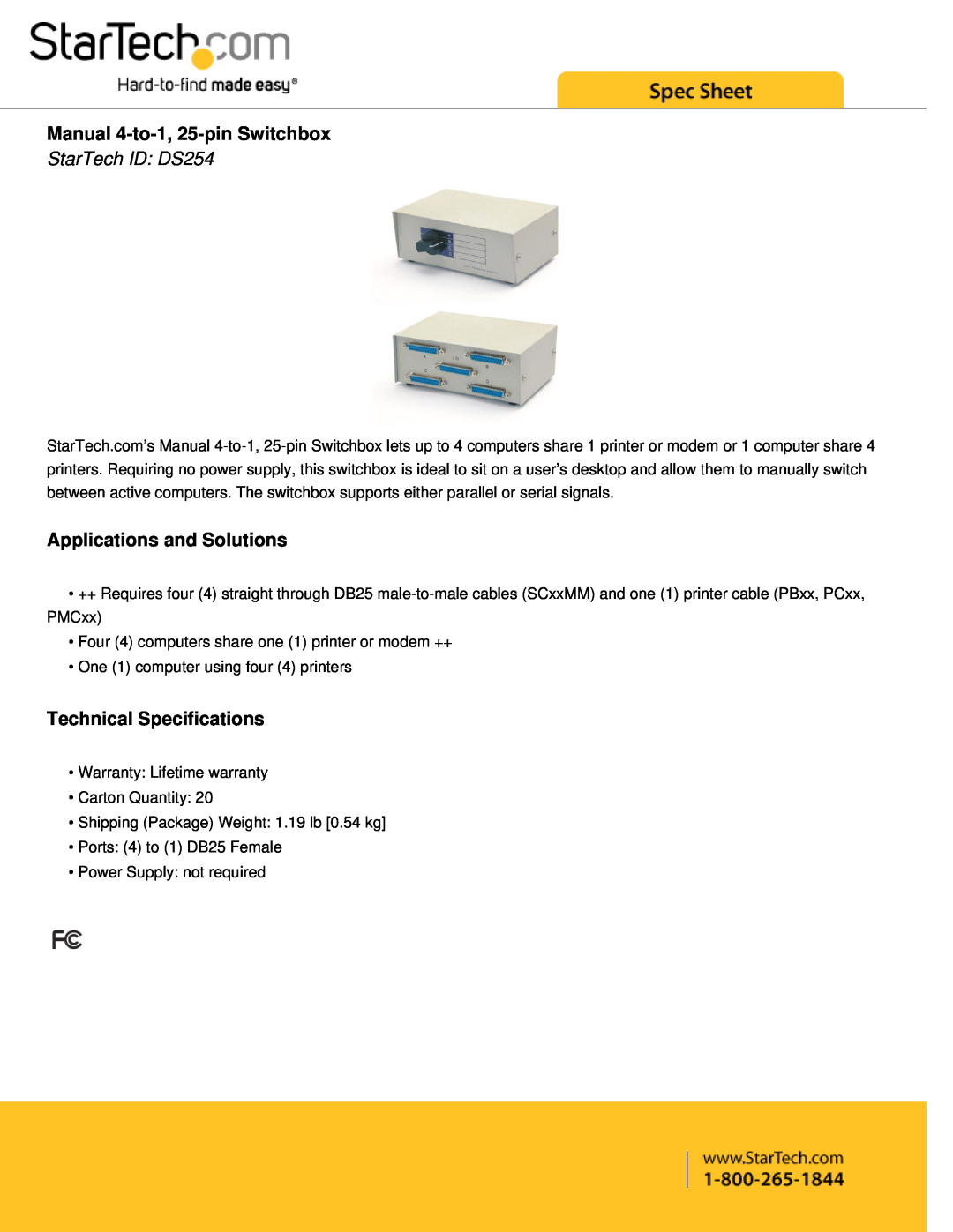 StarTech.com technical specifications Manual 4-to-1, 25-pin Switchbox, StarTech ID DS254, Applications and Solutions 