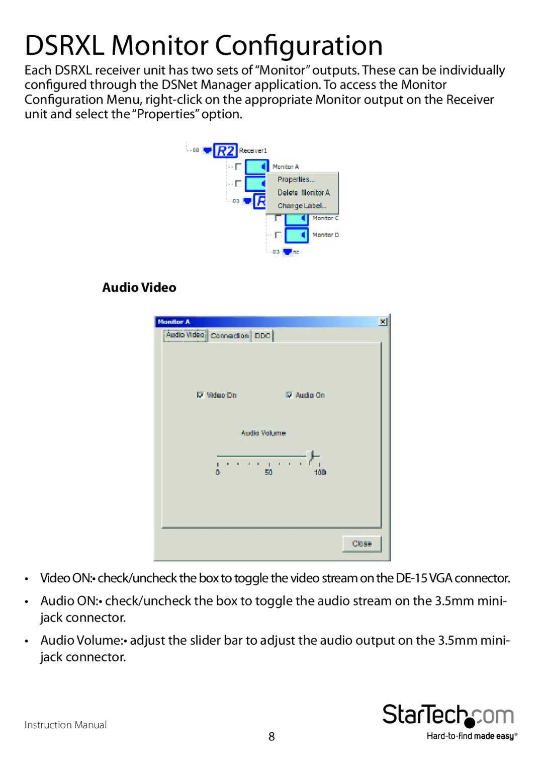 StarTech.com DS128, DSRXL manual Dsrxl Monitor Configuration, Audio Video 