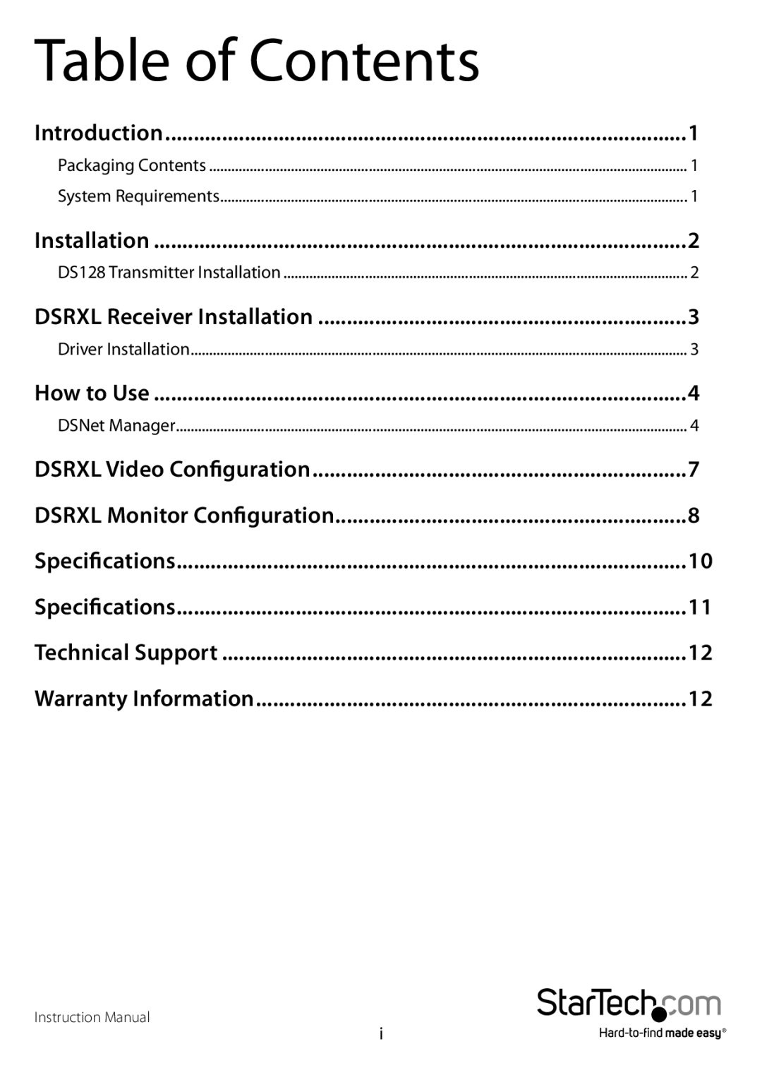 StarTech.com DS128, DSRXL manual Table of Contents 