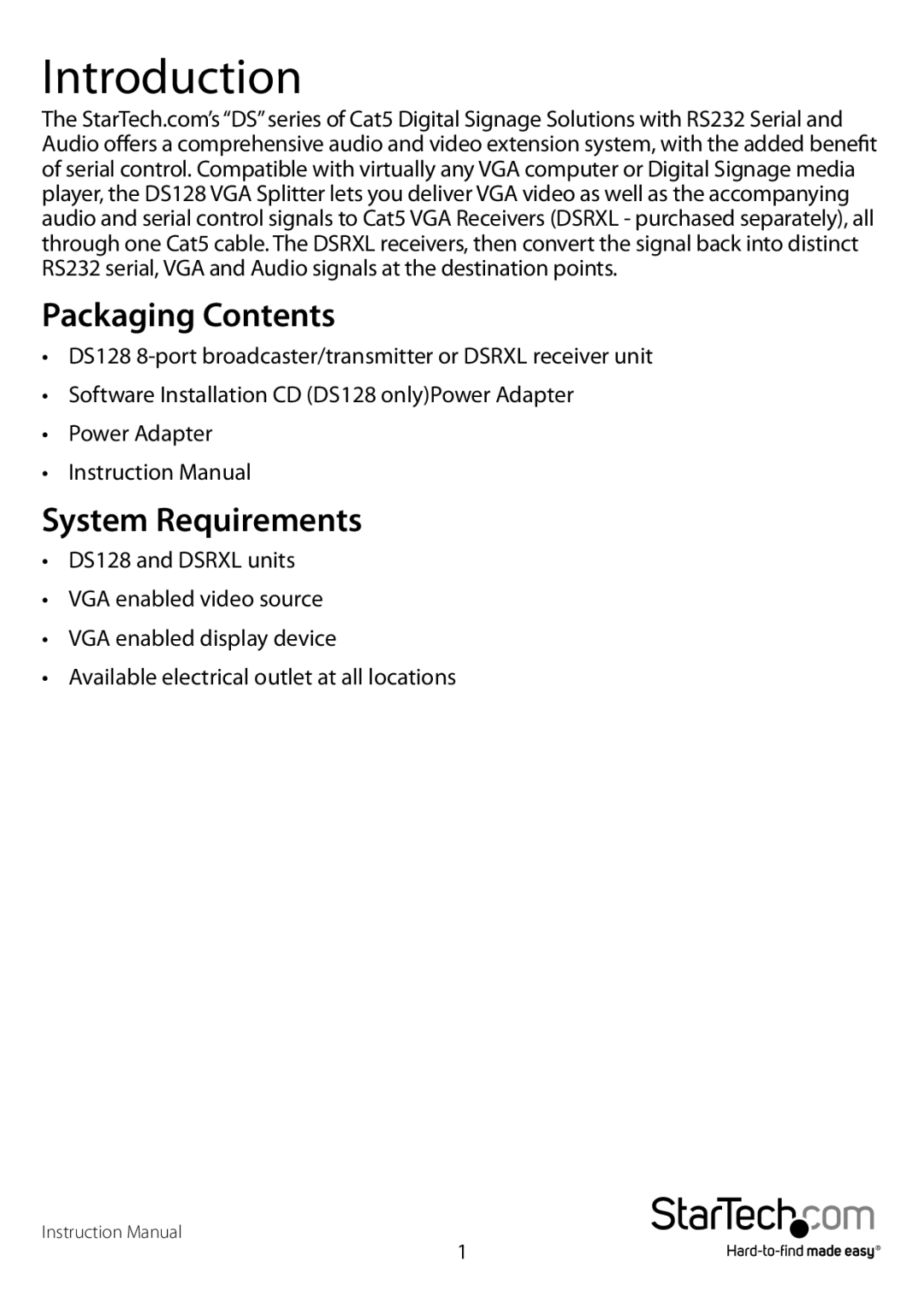 StarTech.com DSRXL, DS128 manual Introduction, Packaging Contents, System Requirements 