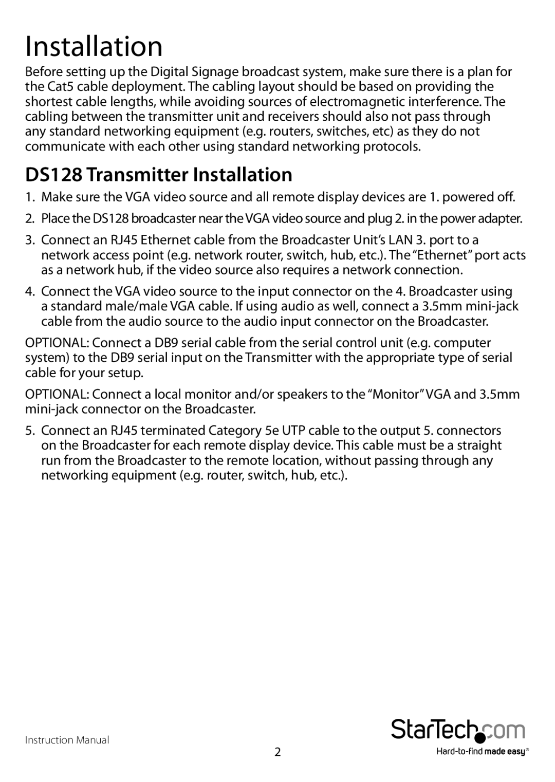 StarTech.com DSRXL manual DS128 Transmitter Installation 