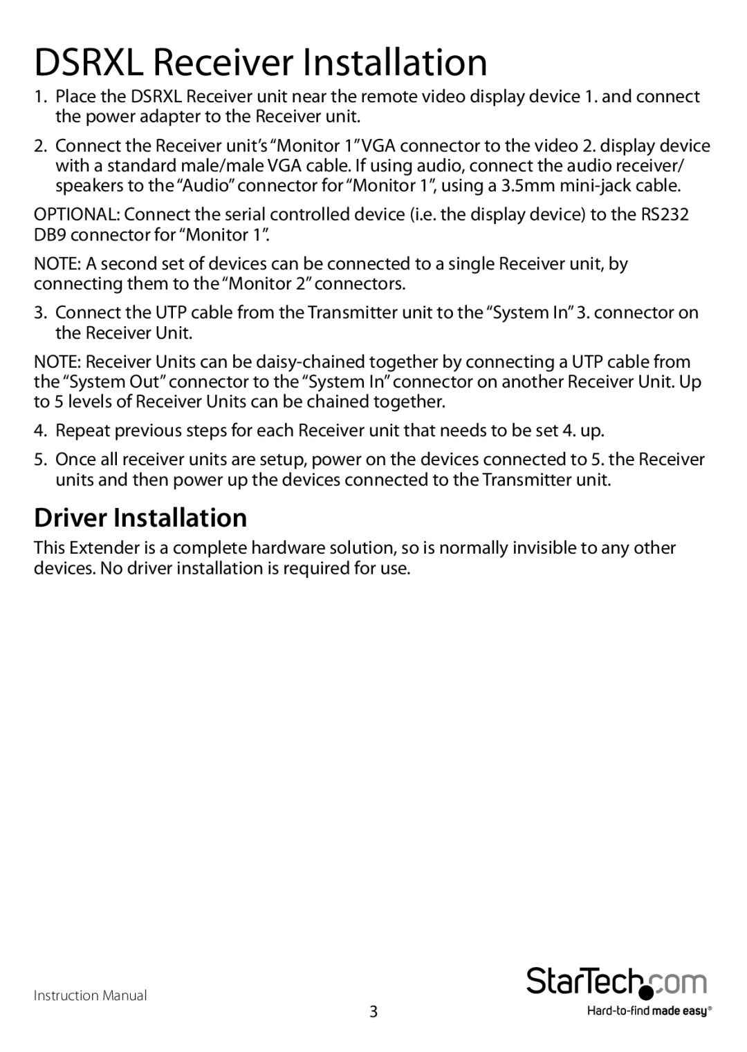 StarTech.com DSRXL, DS128 manual Dsrxl Receiver Installation, Driver Installation 