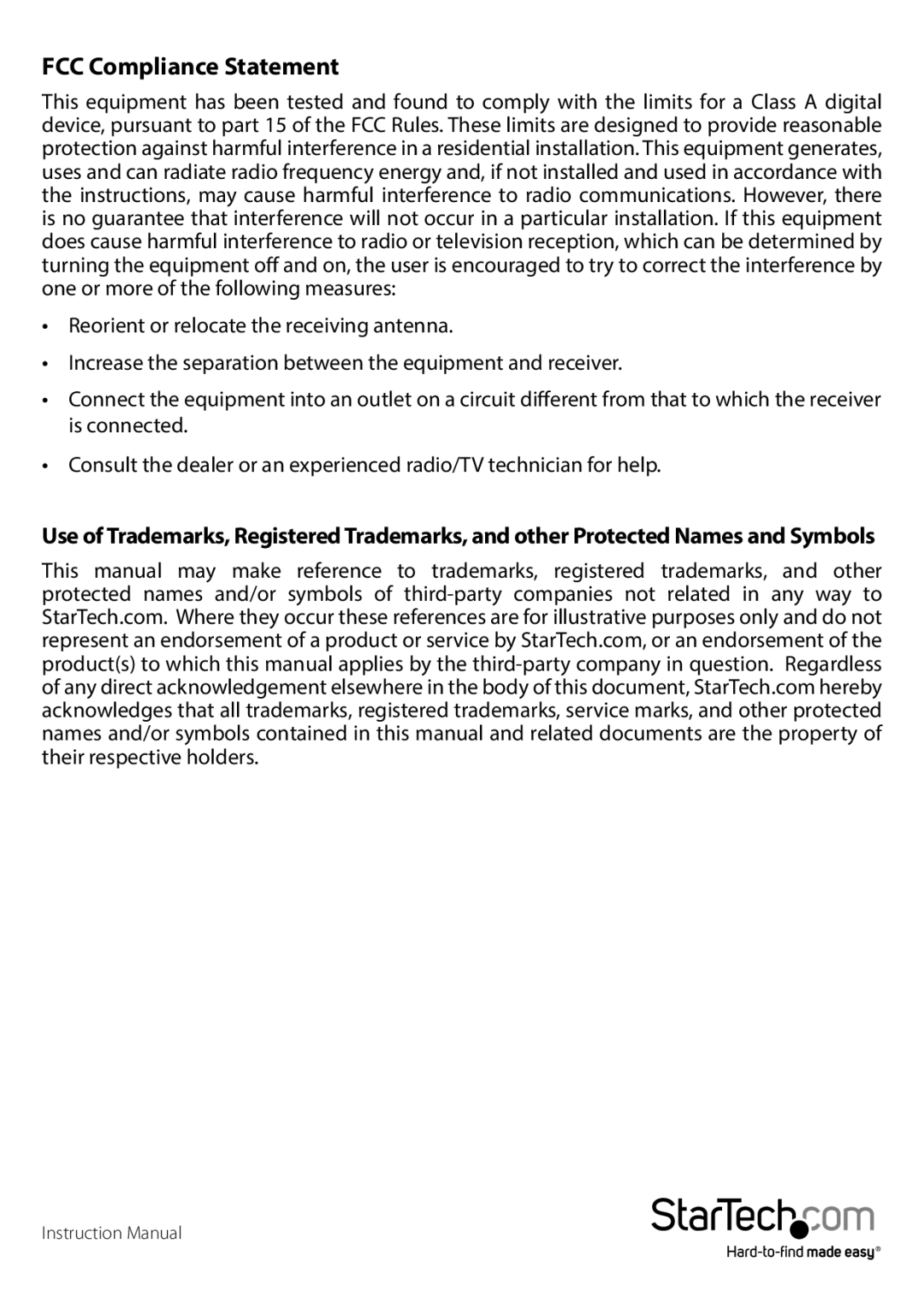 StarTech.com dvi over cat5e/6 kvm extender manual FCC Compliance Statement 