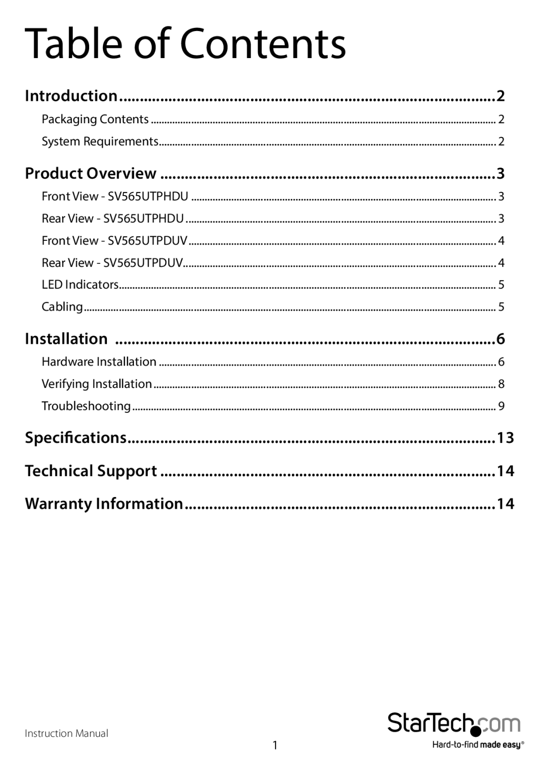 StarTech.com dvi over cat5e/6 kvm extender manual Table of Contents 