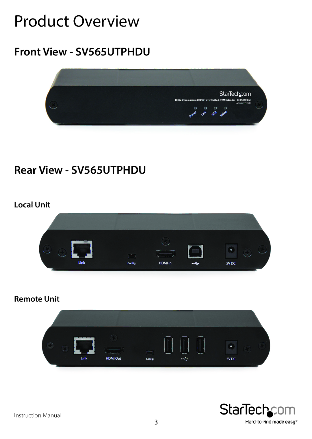 StarTech.com dvi over cat5e/6 kvm extender manual Product Overview, Front View SV565UTPHDU Rear View SV565UTPHDU 