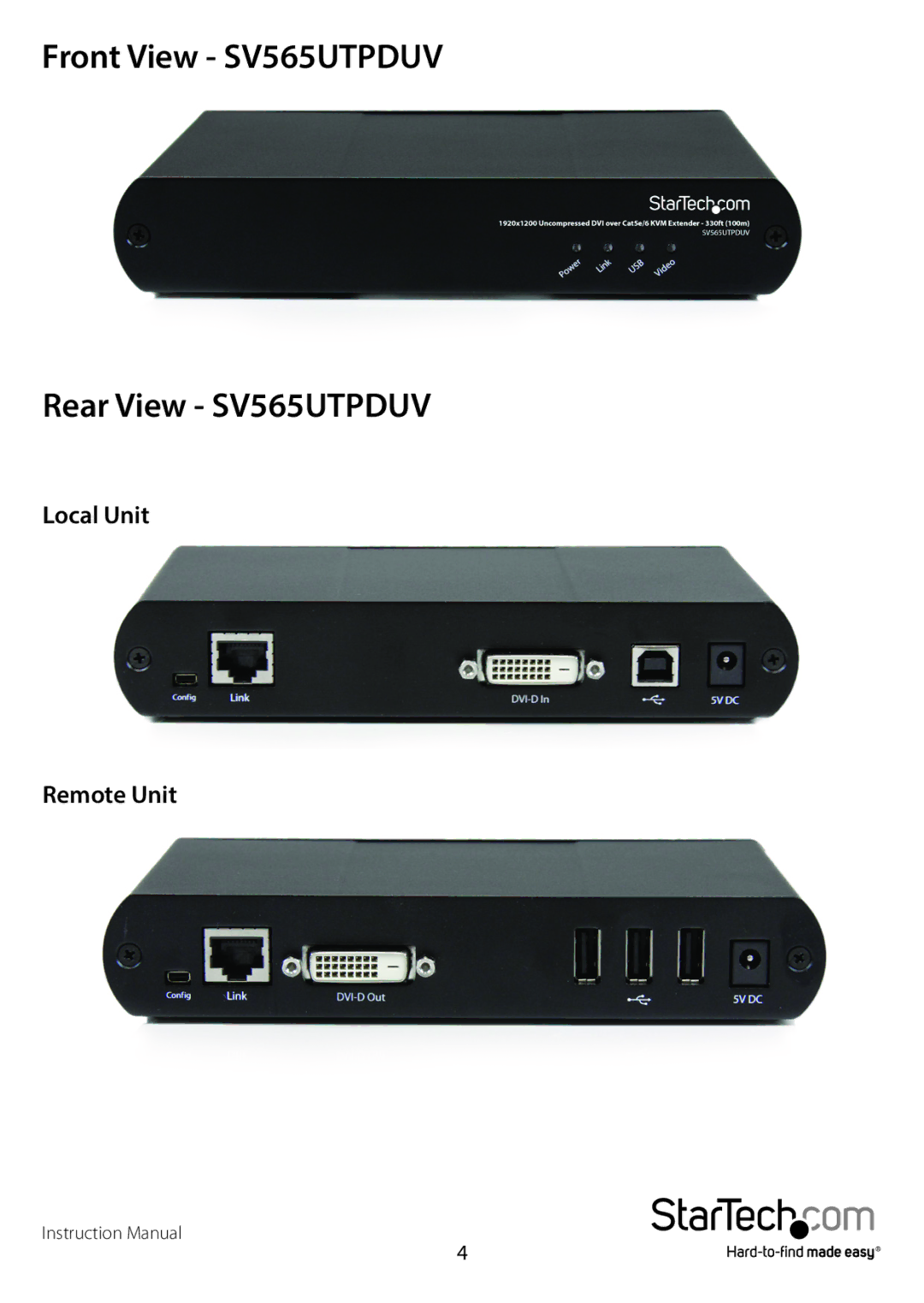 StarTech.com dvi over cat5e/6 kvm extender manual Front View SV565UTPDUV Rear View SV565UTPDUV 