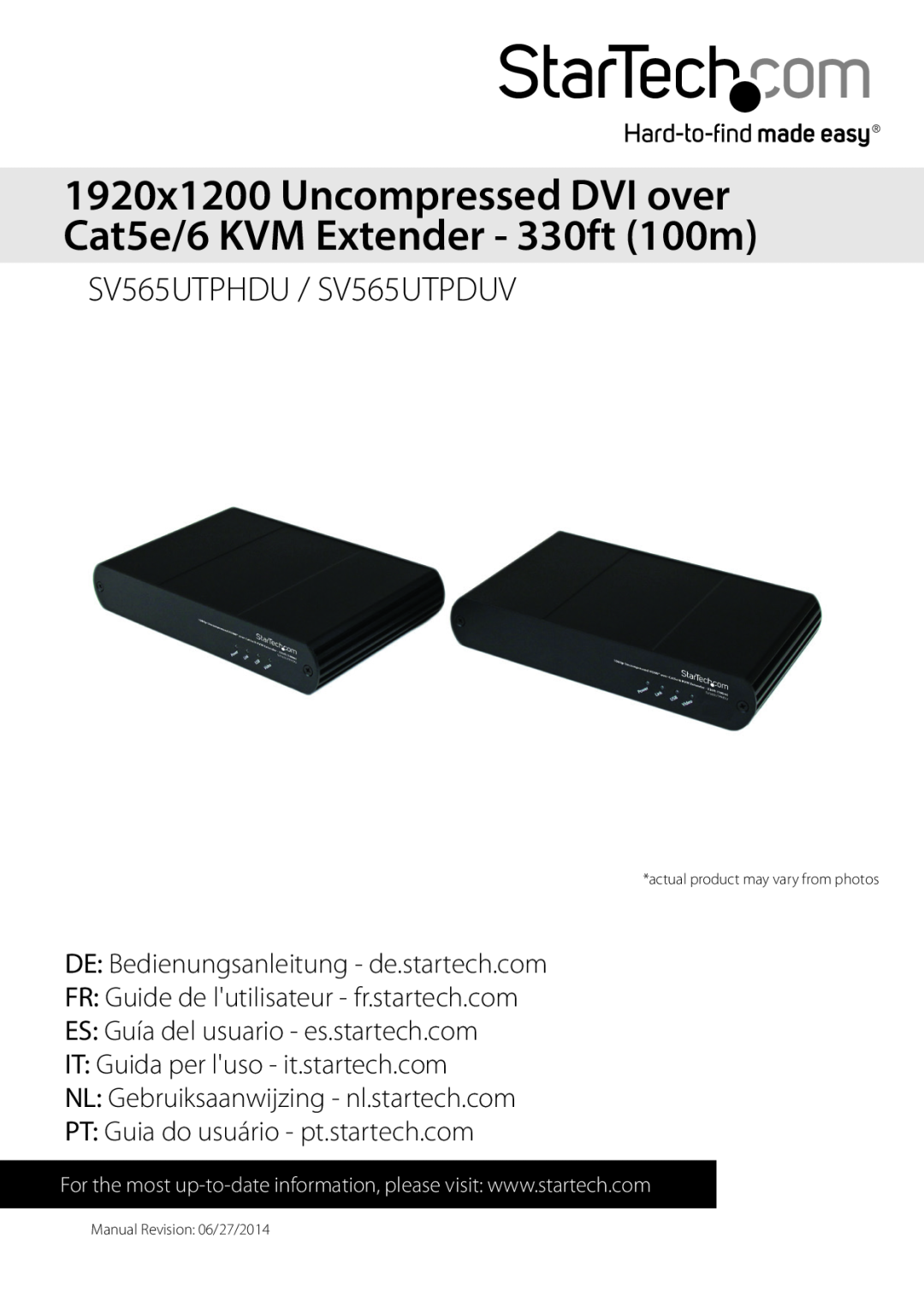 StarTech.com dvi over cat5e/6 kvm extender manual 1920x1200 Uncompressed DVI over Cat5e/6 KVM Extender - 330ft 100m 