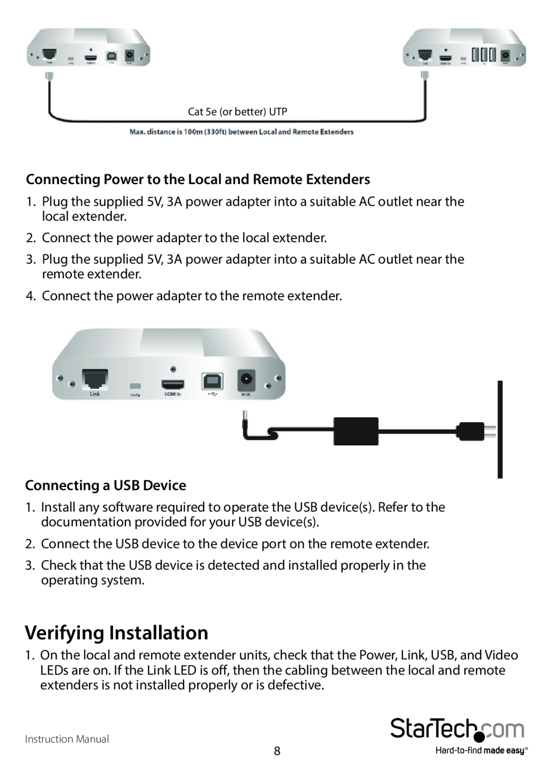 StarTech.com dvi over cat5e/6 kvm extender Verifying Installation, Connecting Power to the Local and Remote Extenders 
