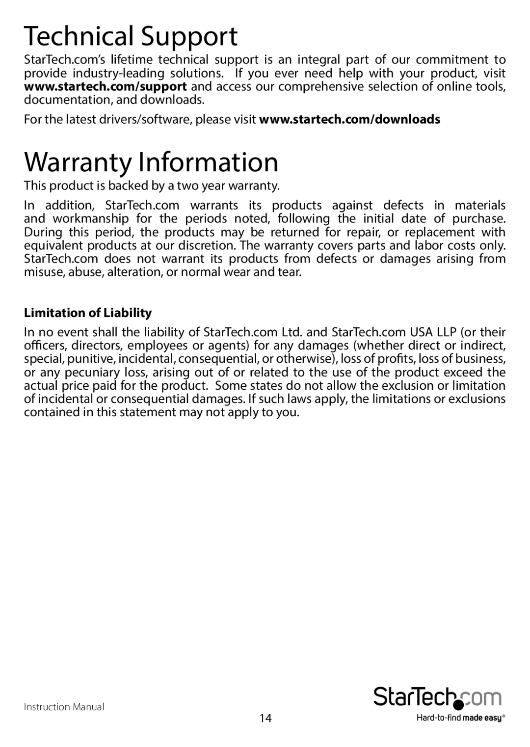 StarTech.com dvi over cat5e/6 kvm extender manual Technical Support, Warranty Information, Limitation of Liability 