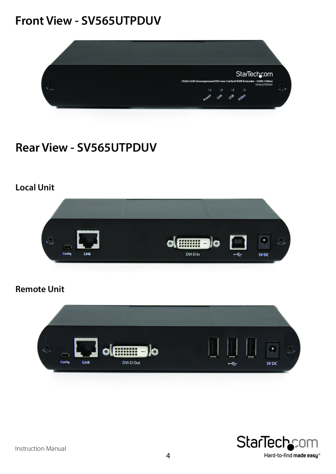 StarTech.com dvi over cat5e/6 kvm extender manual Front View - SV565UTPDUV Rear View - SV565UTPDUV, Local Unit Remote Unit 
