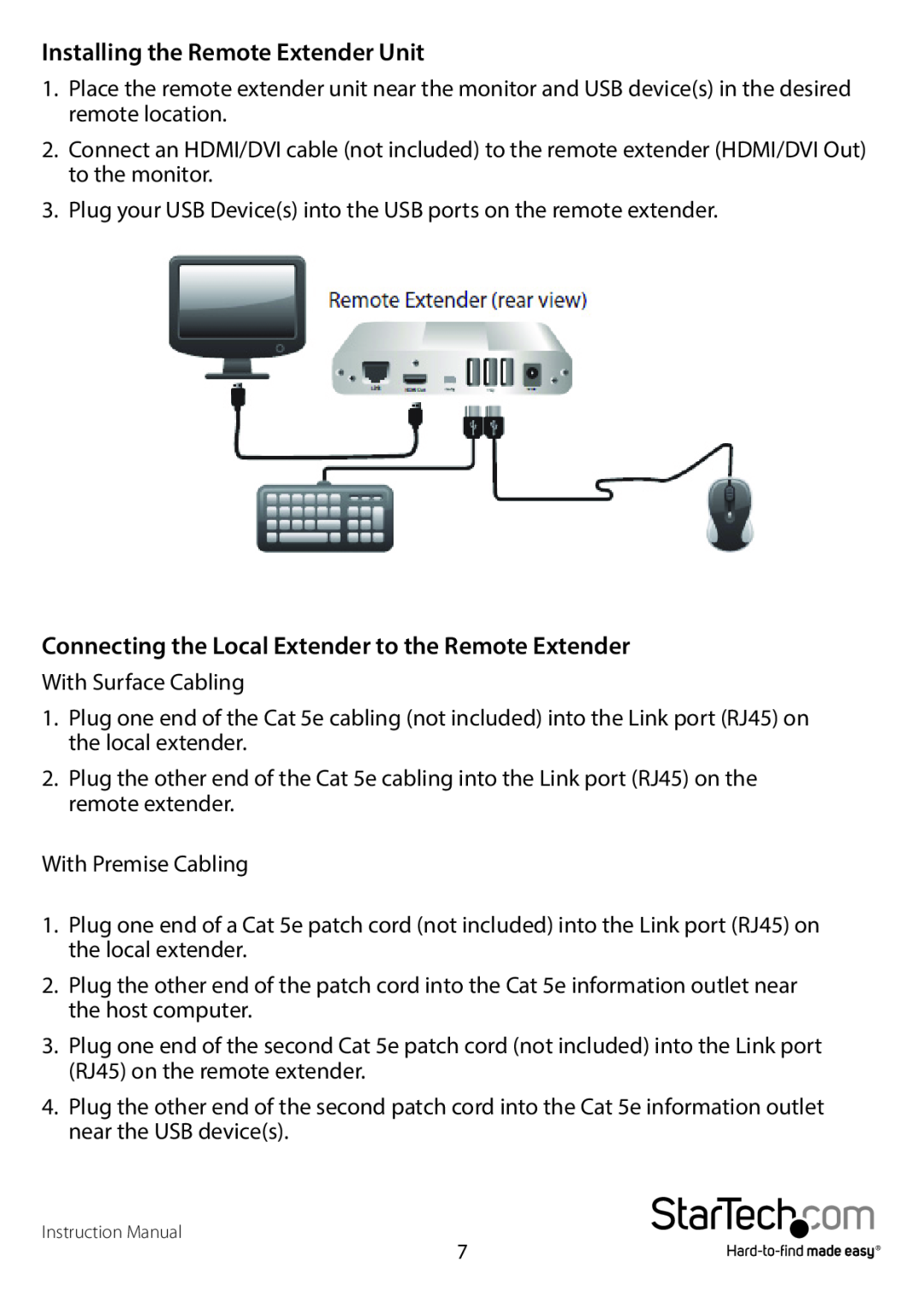 StarTech.com dvi over cat5e/6 kvm extender manual Installing the Remote Extender Unit 