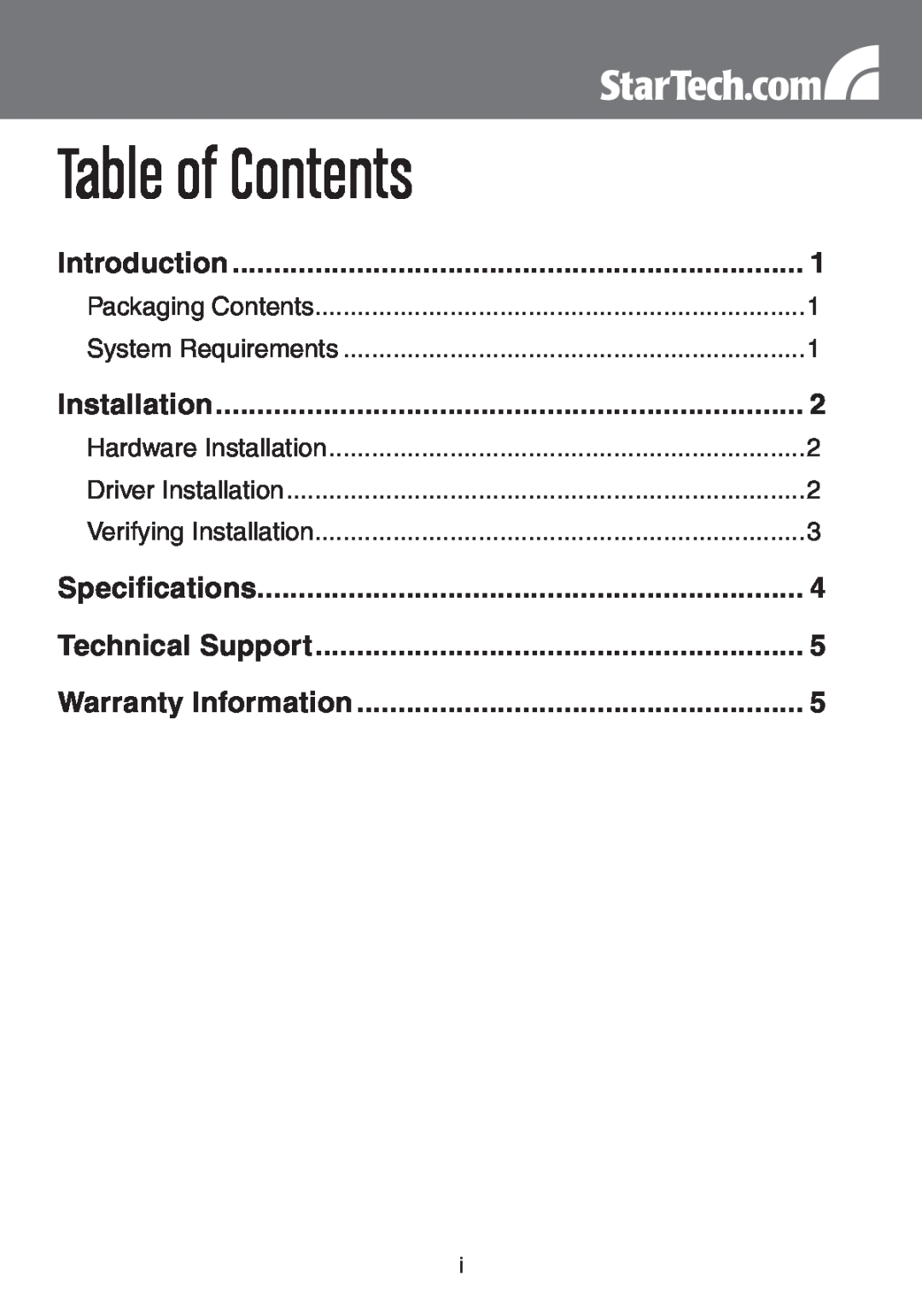StarTech.com EC1000S instruction manual Table of Contents, Introduction, Installation, Specifications, Technical Support 
