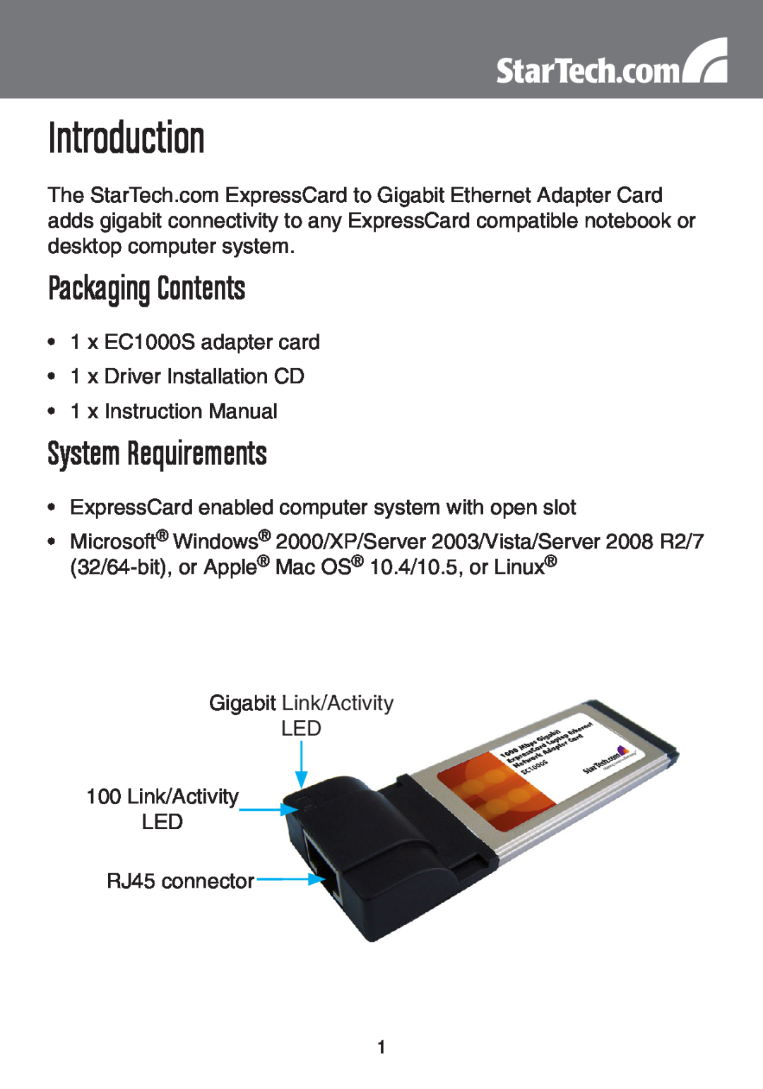 StarTech.com EC1000S instruction manual Introduction, Packaging Contents, System Requirements 