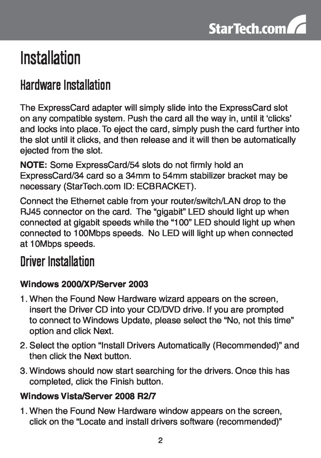 StarTech.com EC1000S instruction manual Hardware Installation, Driver Installation, Windows 2000/XP/Server 