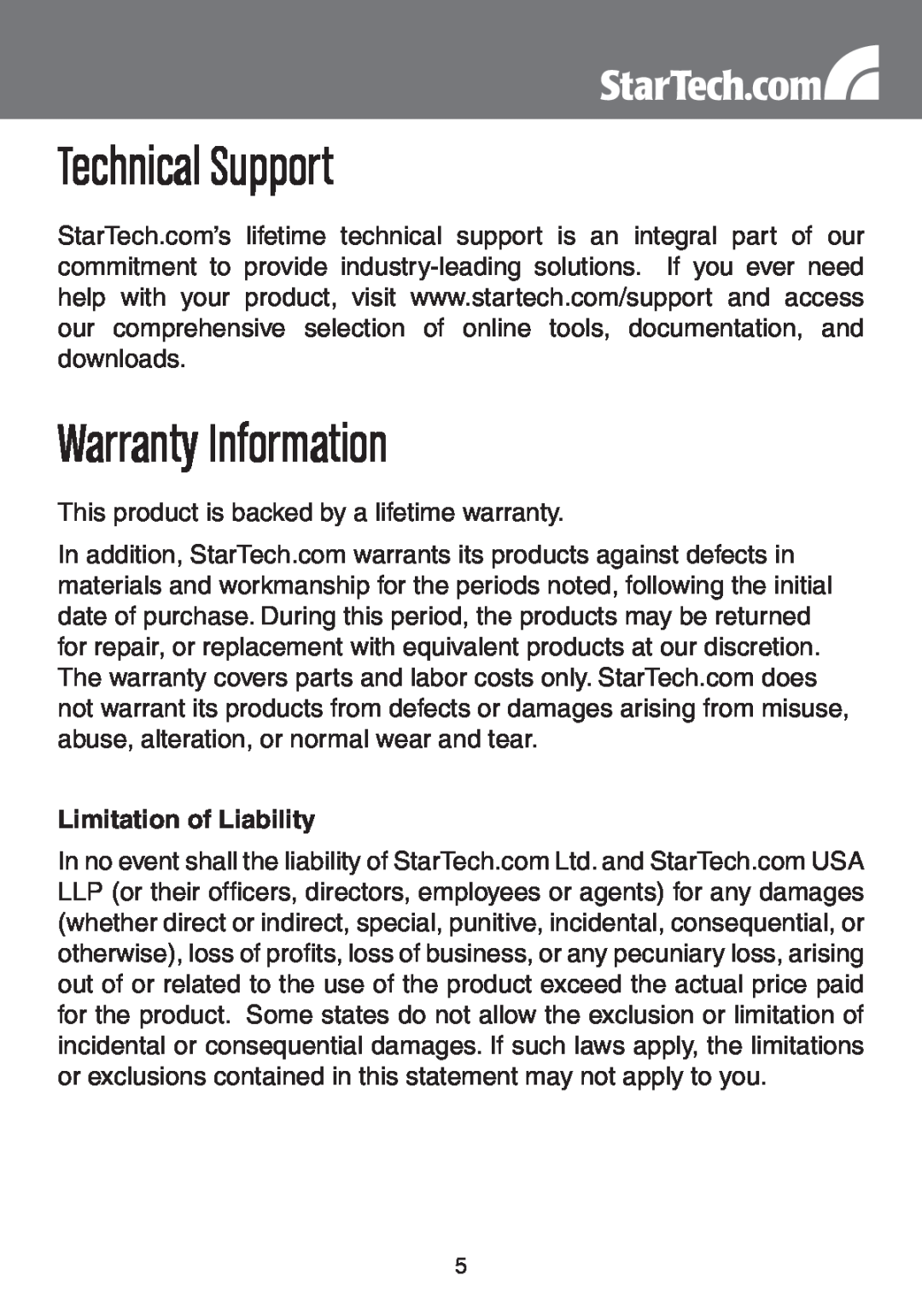 StarTech.com EC1000S instruction manual Technical Support, Warranty Information, Limitation of Liability 