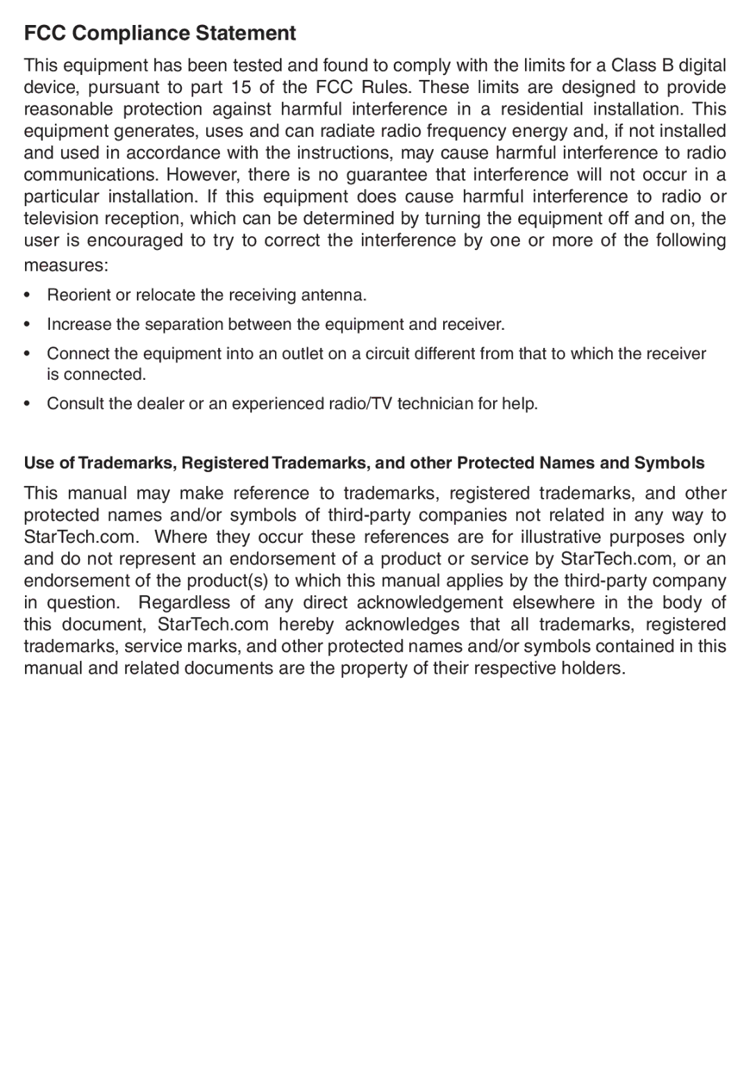 StarTech.com EC1000S instruction manual FCC Compliance Statement 