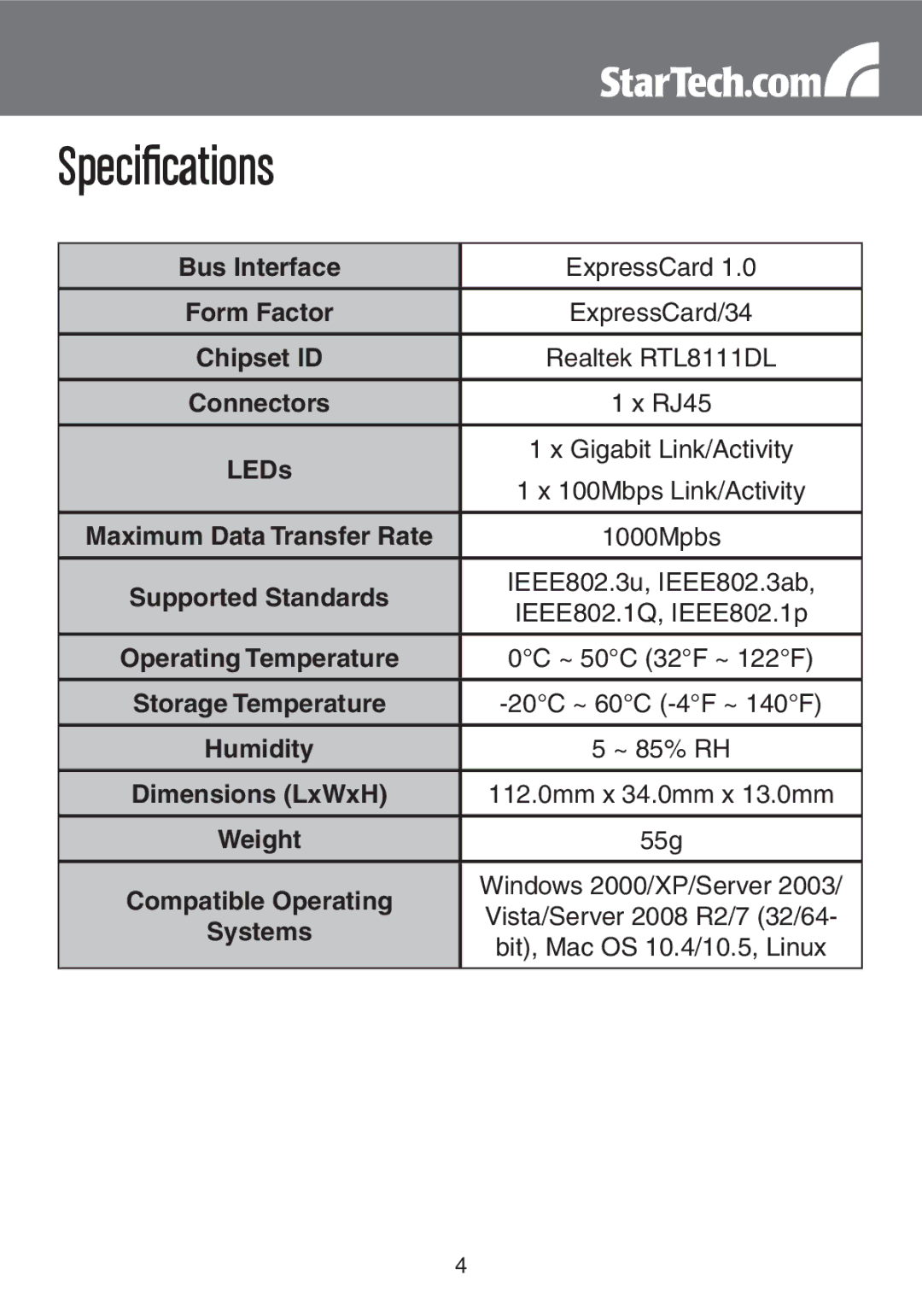 StarTech.com EC1000S instruction manual Specifications, Bus Interface, LEDs 