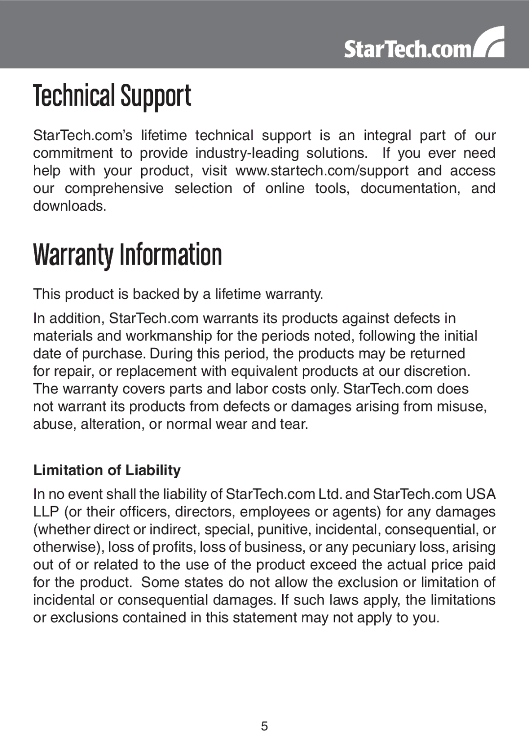 StarTech.com EC1000S instruction manual Technical Support Warranty Information, Limitation of Liability 