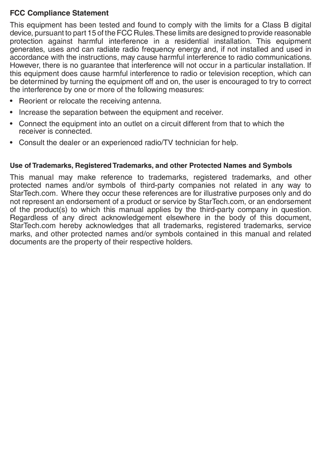 StarTech.com EC2S55254, EC1S1P55254 instruction manual FCC Compliance Statement 