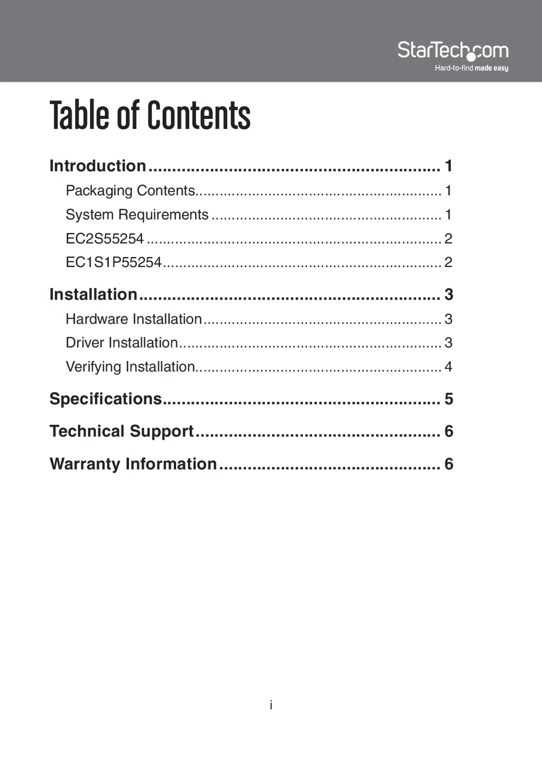 StarTech.com EC1S1P55254, EC2S55254 instruction manual Table of Contents 