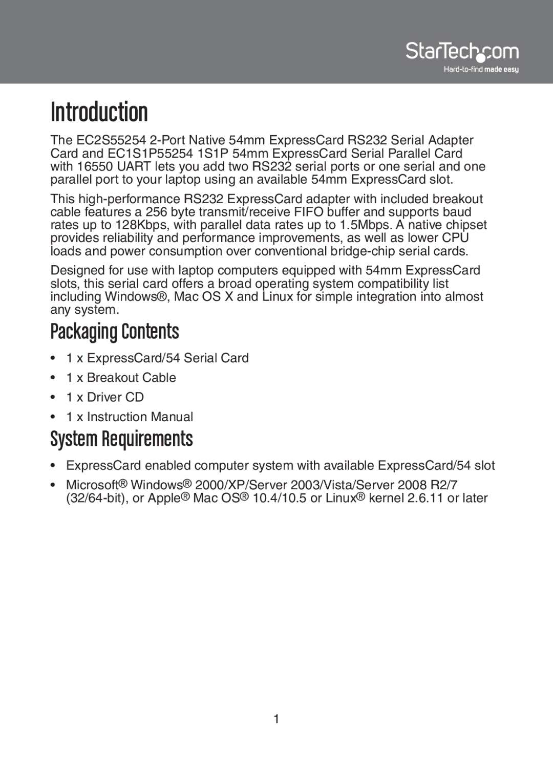 StarTech.com EC2S55254, EC1S1P55254 instruction manual Packaging Contents, System Requirements 