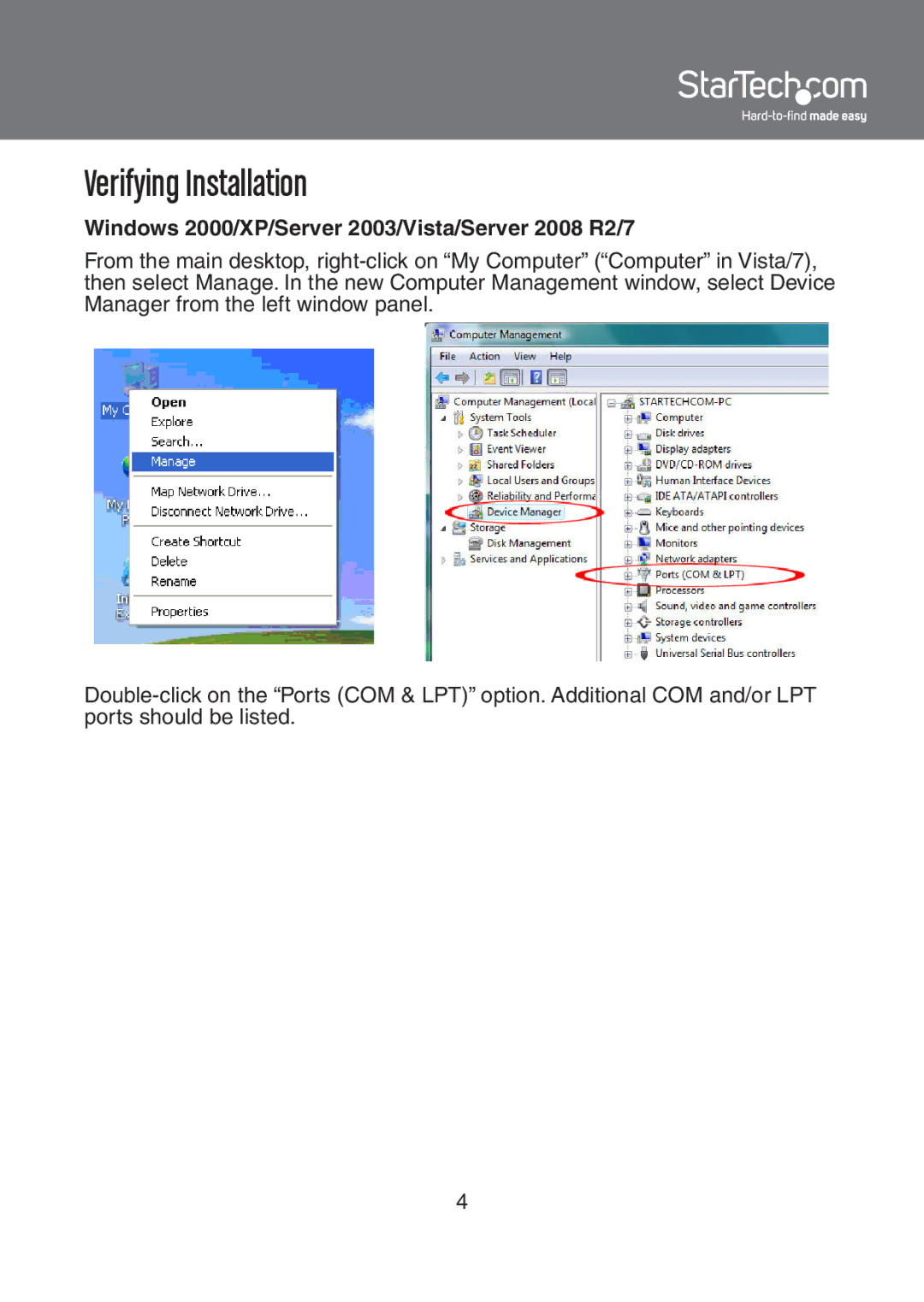 StarTech.com EC1S1P55254, EC2S55254 Verifying Installation, Windows 2000/XP/Server 2003/Vista/Server 2008 R2/7 