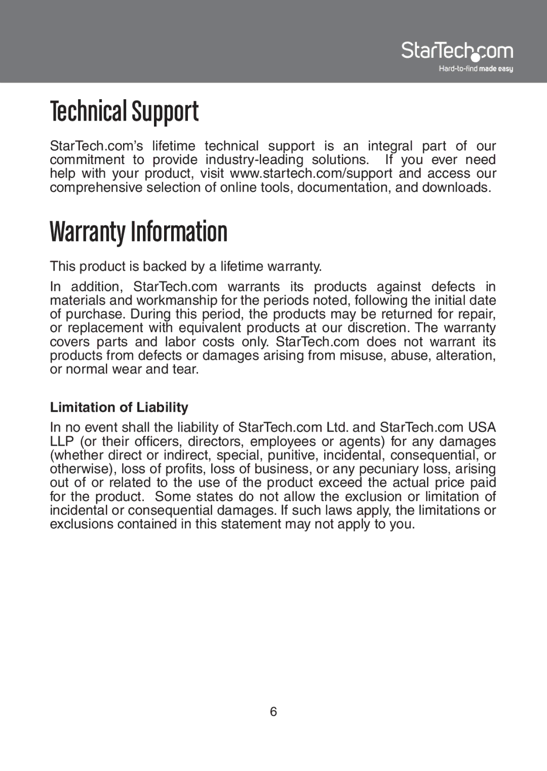 StarTech.com EC1S1P55254, EC2S55254 instruction manual Technical Support Warranty Information 