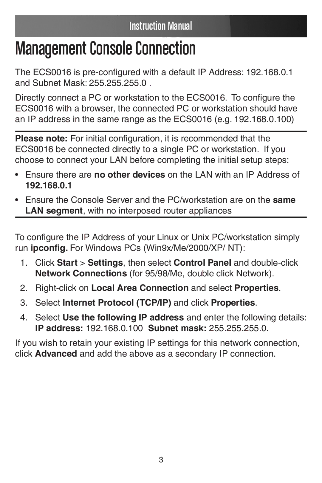 StarTech.com ECS0016 manual Management Console Connection, 192.168.0.1 