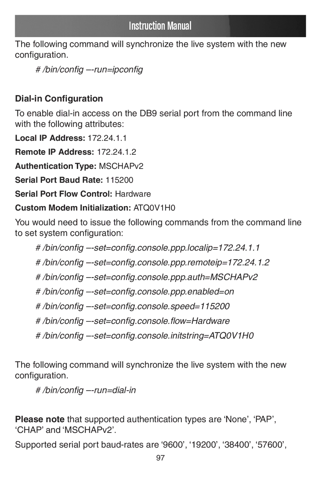 StarTech.com ECS0016 manual Dial-in Configuration, # /bin/config --run=dial-in 