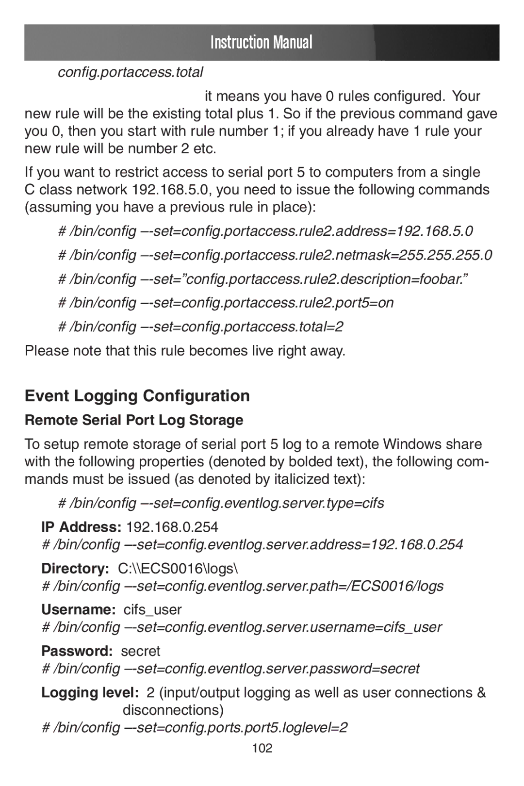 StarTech.com ECS0016 manual Event Logging Configuration, Remote Serial Port Log Storage, Username cifsuser, Password secret 