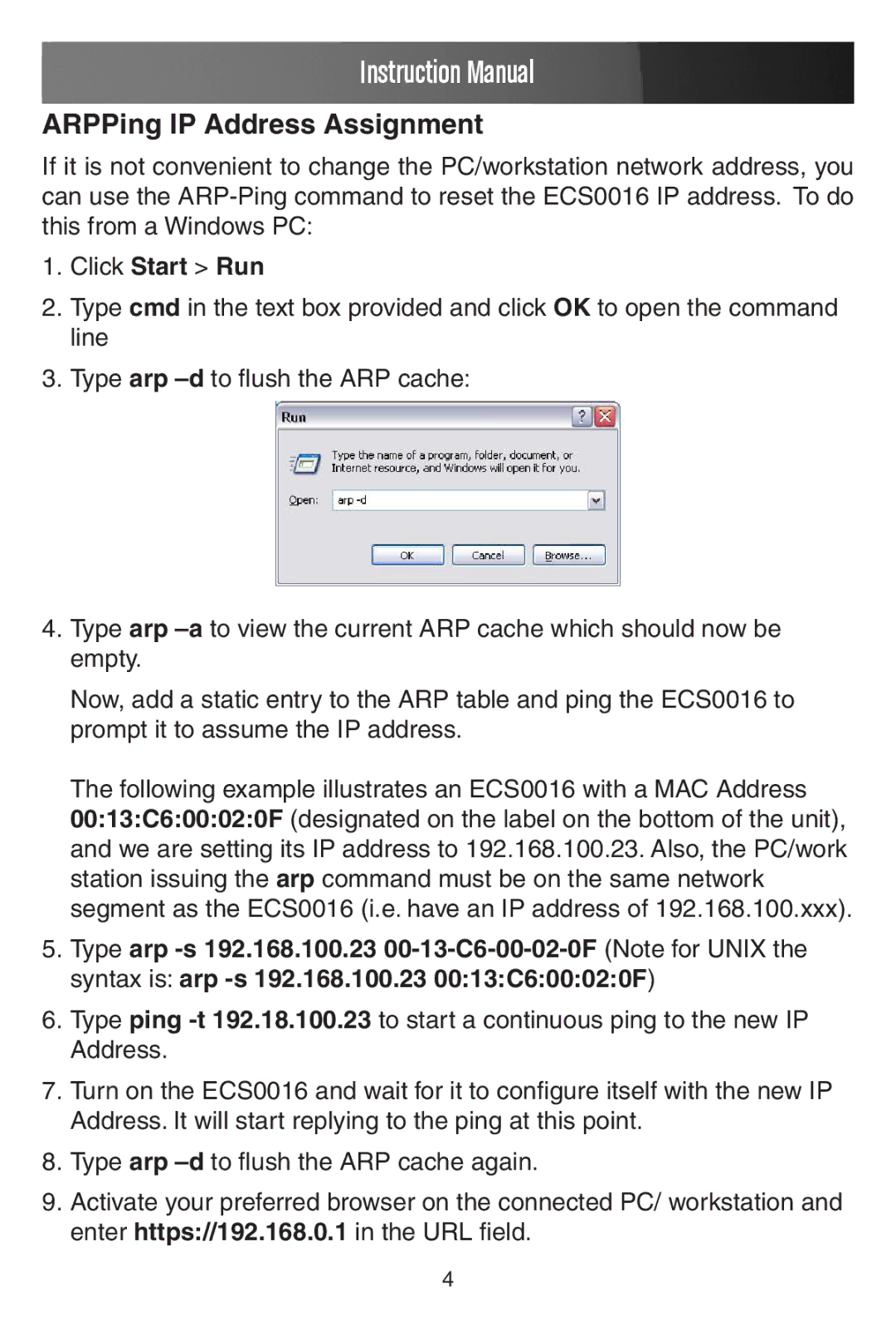 StarTech.com ECS0016 manual ARPPing IP Address Assignment, Click Start Run 